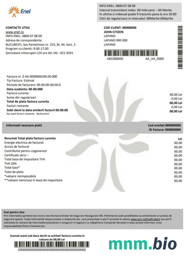 Rumunia Enel elektryczność proof of address rachunek za media szablon w formacie Word i PDF